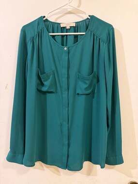 Ann Taylor LOFT Teal Green Long Sleeve Pocket Blouse Size L
